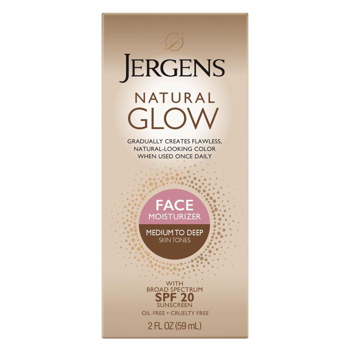 Jergens Natural Glow Selbstbräuner Gesichtsfeuchtigkeitscreme mit SPF 20 Sonnenschutz, mittlere bis dunkle Hauttöne, ölfrei, 60 ml