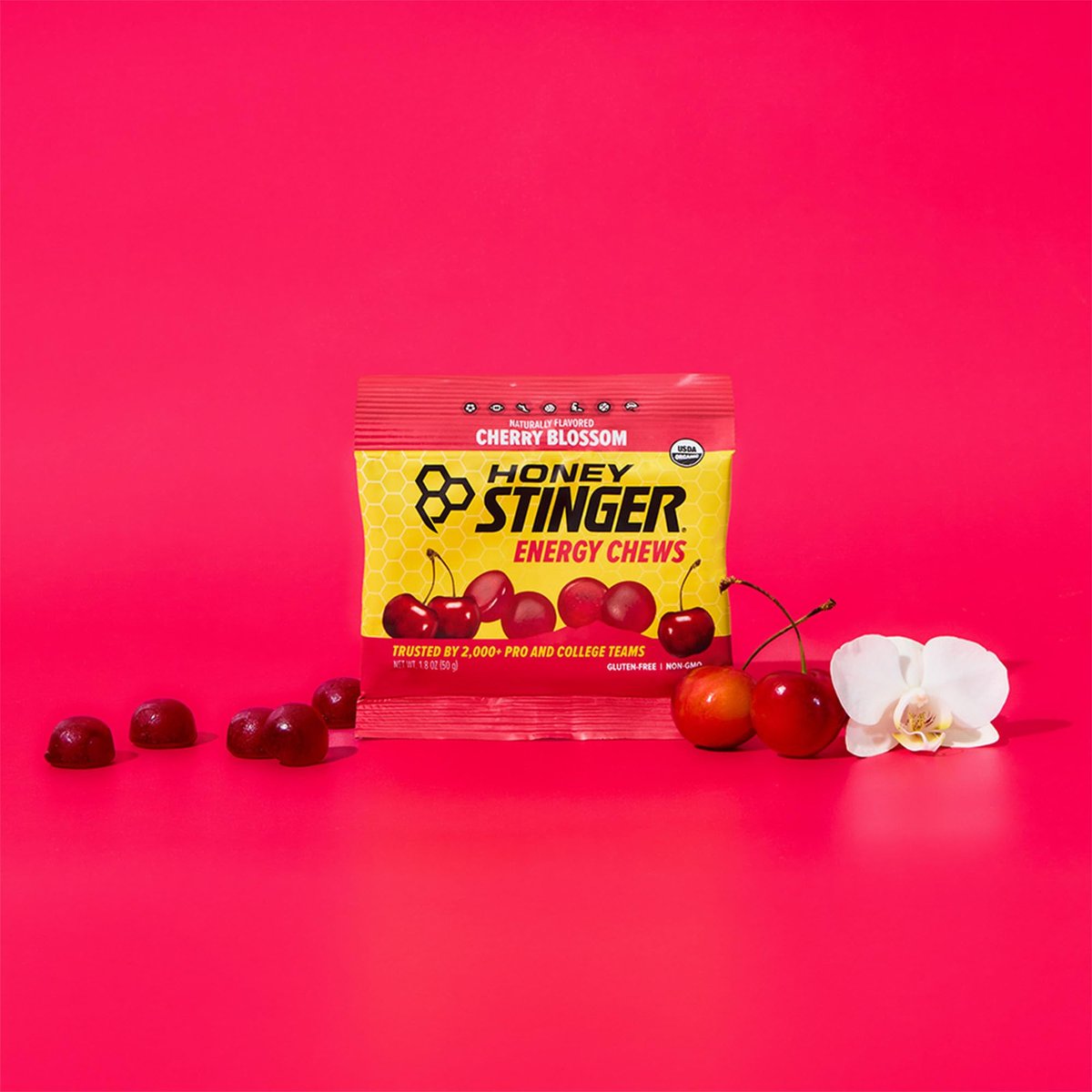 Honey Stinger Bio-Kirschblüten-Energiekaugummi, glutenfrei & koffeinfrei, für Training, Laufen und Sport, 21,6 Unzen (12er-Pack)