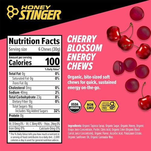 Honey Stinger Bio-Kirschblüten-Energiekaugummi, glutenfrei & koffeinfrei, für Training, Laufen und Sport, 21,6 Unzen (12er-Pack)