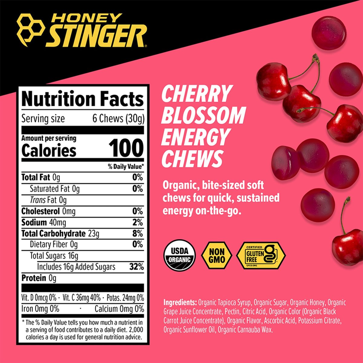Honey Stinger Bio-Kirschblüten-Energiekaugummi, glutenfrei & koffeinfrei, für Training, Laufen und Sport, 21,6 Unzen (12er-Pack)