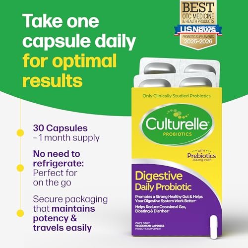 Culturelle Tägliche Probiotika Kapseln für Männer & Frauen – Der klinisch am meisten untersuchte probiotische Stamm – Unterstützt Verdauung & Darmgesundheit, gelegentlichen Durchfall, Blähungen – 30 Kapseln (1 Monatsvorrat)