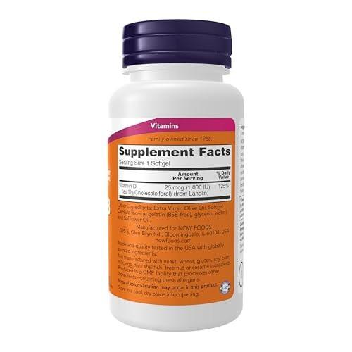 NOW Foods Vitamin D-3 1.000 IE – 360 Weichkapseln, hochdosiert für starke Knochen & Immunsystem