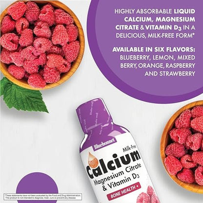 Bluebonnet Liquid Calcium Citrate Magnesium Citrate mit Vitamin D3 – 16 Fl Oz, Himbeergeschmack, für die Knochengesundheit, glutenfrei, sojafrei, milchfrei, koscher