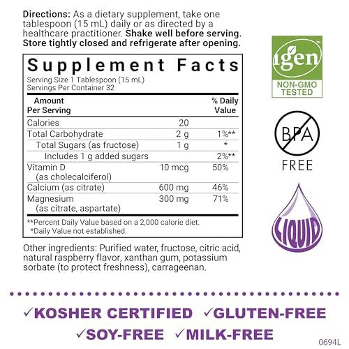 Bluebonnet Liquid Calcium Citrate Magnesium Citrate mit Vitamin D3 – 16 Fl Oz, Himbeergeschmack, für die Knochengesundheit, glutenfrei, sojafrei, milchfrei, koscher