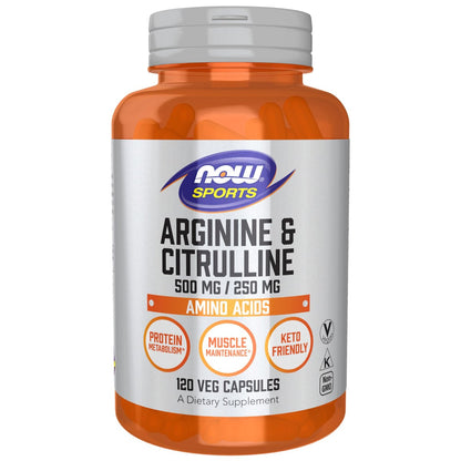 NOW Sports Nutrition Arginin & Citrullin 500 mg / 250 mg, Aminosäuren, 120 vegane Kapseln