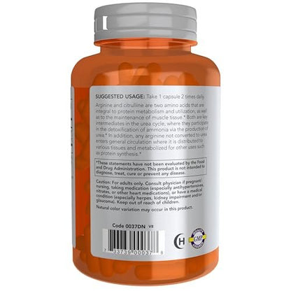 NOW Sports Nutrition Arginin & Citrullin 500 mg / 250 mg, Aminosäuren, 120 vegane Kapseln