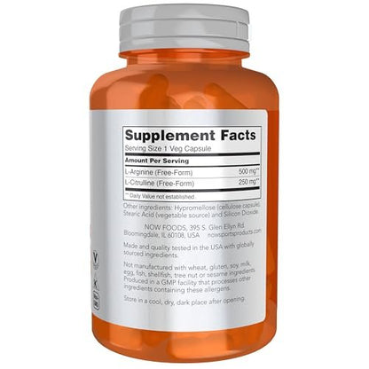 NOW Sports Nutrition Arginin & Citrullin 500 mg / 250 mg, Aminosäuren, 120 vegane Kapseln