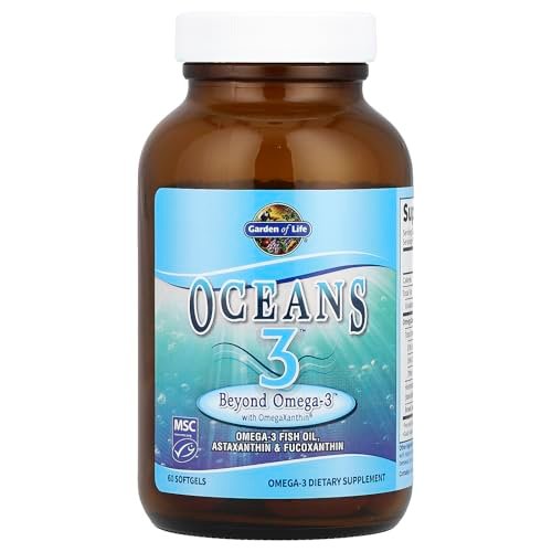 Garden of Life Oceans 3 Beyond Omega-3 mit OmegaXanthin – EPA, DHA, Fischöl mit 1200 mg Omega 3, Astaxanthin & Braunalgen-Extrakt – 60 Softgels