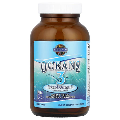 Garden of Life Oceans 3 Beyond Omega-3 mit OmegaXanthin – EPA, DHA, Fischöl mit 1200 mg Omega 3, Astaxanthin & Braunalgen-Extrakt – 60 Softgels