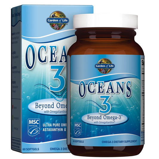 Garden of Life Oceans 3 Beyond Omega-3 mit OmegaXanthin – EPA, DHA, Fischöl mit 1200 mg Omega 3, Astaxanthin & Braunalgen-Extrakt – 60 Softgels