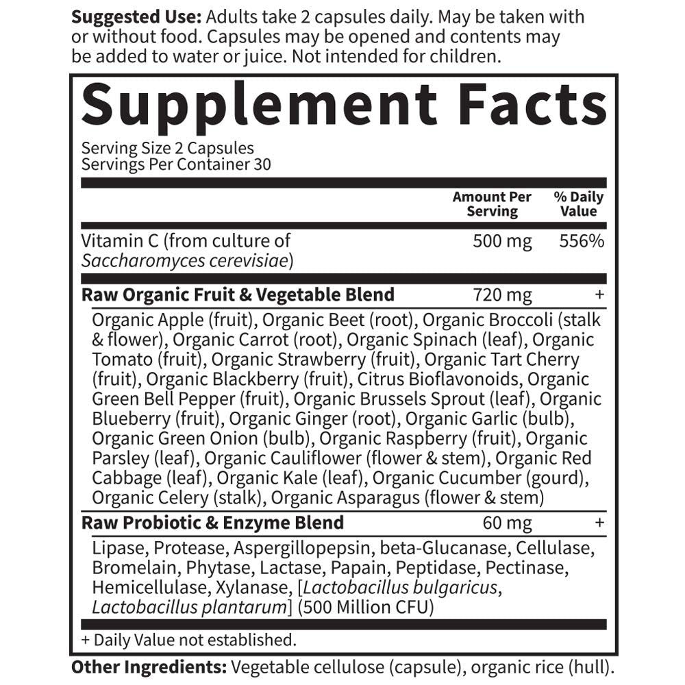 Garden of Life Vitamin Code Roh-Vitamin C - 60 Kapseln, 500 mg Vollwert-Vitamin C mit Obst- und Gemüsemischung & Probiotika, für Erwachsene, vegan, glutenfrei
