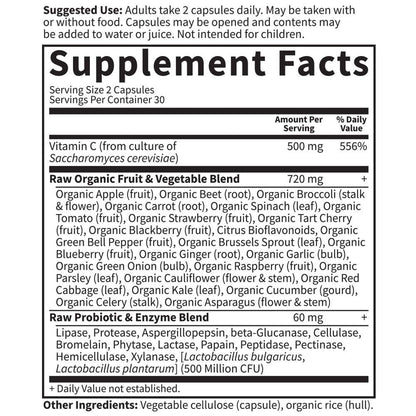 Garden of Life Vitamin Code Roh-Vitamin C - 60 Kapseln, 500 mg Vollwert-Vitamin C mit Obst- und Gemüsemischung & Probiotika, für Erwachsene, vegan, glutenfrei