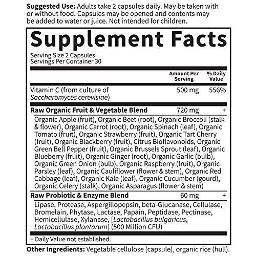 Garden of Life Vitamin Code Roh-Vitamin C - 60 Kapseln, 500 mg Vollwert-Vitamin C mit Obst- und Gemüsemischung & Probiotika, für Erwachsene, vegan, glutenfrei