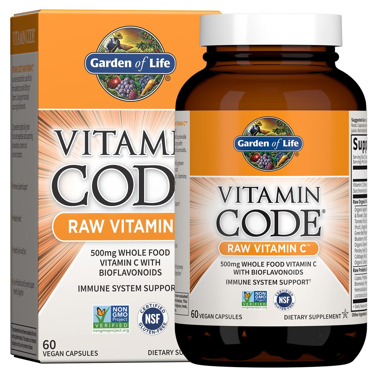 Garden of Life Vitamin Code Roh-Vitamin C - 60 Kapseln, 500 mg Vollwert-Vitamin C mit Obst- und Gemüsemischung & Probiotika, für Erwachsene, vegan, glutenfrei