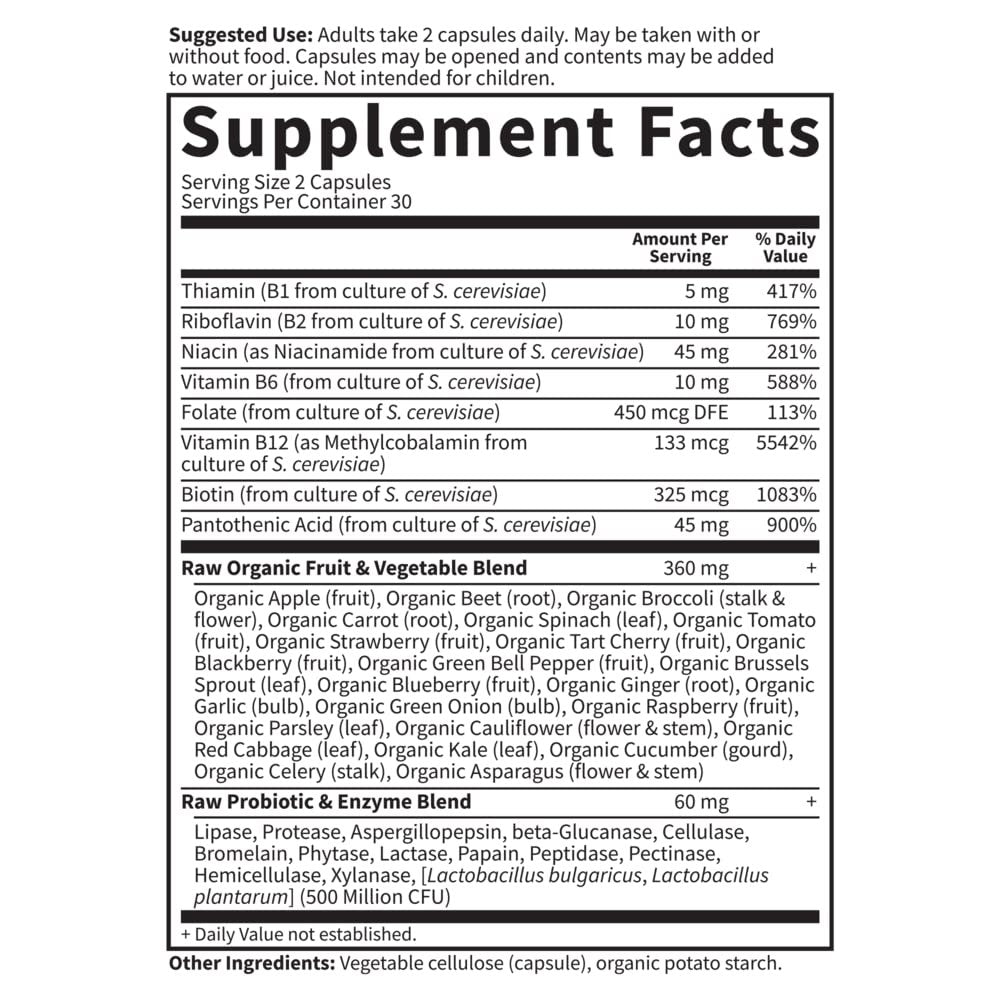 Garden of Life Vitamin B-Komplex – 60 vegane Kapseln mit hoher Potenz für Energie & Stoffwechsel, inkl. B6, Folat & B12 als Methylcobalamin plus Probiotika