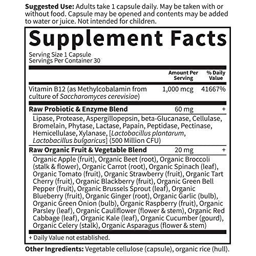 Garden of Life Vitamin Code Raw B-12 - 30 Kapseln, 1.000mcg Vollwert-B12 Methylcobalamin für Energie, veganes Methylcobalamin-Vitamin plus Probiotika und Enzyme, glutenfreies Nahrungsergänzungsmittel