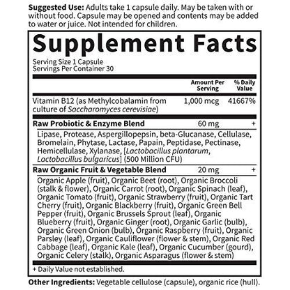 Garden of Life Vitamin Code Raw B-12 - 30 Kapseln, 1.000mcg Vollwert-B12 Methylcobalamin für Energie, veganes Methylcobalamin-Vitamin plus Probiotika und Enzyme, glutenfreies Nahrungsergänzungsmittel