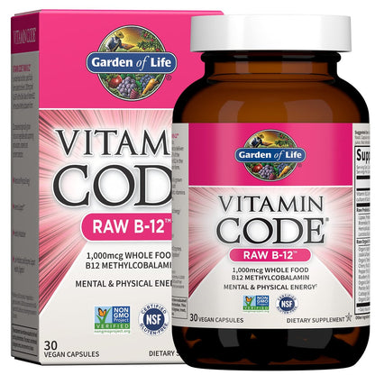 Garden of Life Vitamin Code Raw B-12 - 30 Kapseln, 1.000mcg Vollwert-B12 Methylcobalamin für Energie, veganes Methylcobalamin-Vitamin plus Probiotika und Enzyme, glutenfreies Nahrungsergänzungsmittel