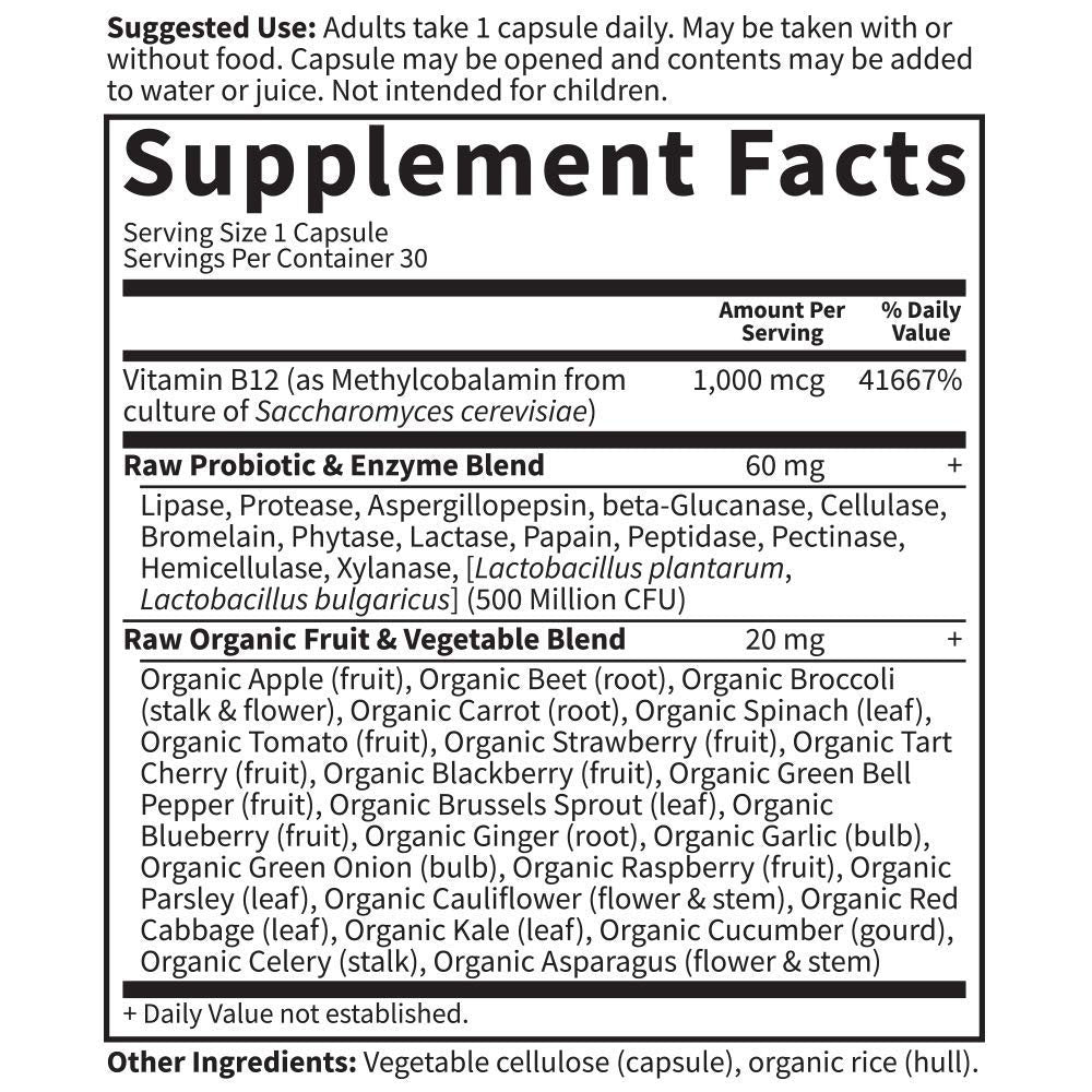 Garden of Life Vitamin Code Raw B-12 - 30 Kapseln, 1.000mcg Vollwert-B12 Methylcobalamin für Energie, veganes Methylcobalamin-Vitamin plus Probiotika und Enzyme, glutenfreies Nahrungsergänzungsmittel