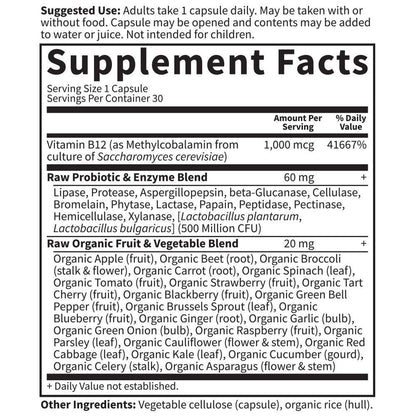 Garden of Life Vitamin Code Raw B-12 - 30 Kapseln, 1.000mcg Vollwert-B12 Methylcobalamin für Energie, veganes Methylcobalamin-Vitamin plus Probiotika und Enzyme, glutenfreies Nahrungsergänzungsmittel