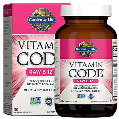 Garden of Life Vitamin Code Raw B-12 - 30 Kapseln, 1.000mcg Vollwert-B12 Methylcobalamin für Energie, veganes Methylcobalamin-Vitamin plus Probiotika und Enzyme, glutenfreies Nahrungsergänzungsmittel