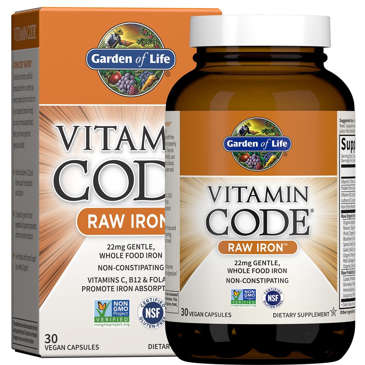 Garden of Life Vitamin Code Raw Eisen Nahrungsergänzungsmittel - 30 vegane Kapseln, 22 mg einmal täglich Eisen, Vitamine C, B12, Folsäure, Obst, Gemüse & Probiotika - Eisenpräparat für Frauen, Energie- & Anämieunterstützung