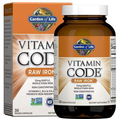 Garden of Life Vitamin Code Raw Eisen Nahrungsergänzungsmittel - 30 vegane Kapseln, 22 mg einmal täglich Eisen, Vitamine C, B12, Folsäure, Obst, Gemüse & Probiotika - Eisenpräparat für Frauen, Energie- & Anämieunterstützung