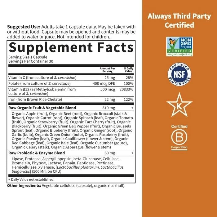 Garden of Life Vitamin Code Raw Eisen Nahrungsergänzungsmittel - 30 vegane Kapseln, 22 mg einmal täglich Eisen, Vitamine C, B12, Folsäure, Obst, Gemüse & Probiotika - Eisenpräparat für Frauen, Energie- & Anämieunterstützung