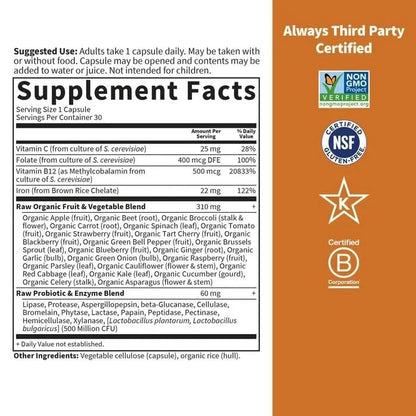 Garden of Life Vitamin Code Raw Eisen Nahrungsergänzungsmittel - 30 vegane Kapseln, 22 mg einmal täglich Eisen, Vitamine C, B12, Folsäure, Obst, Gemüse & Probiotika - Eisenpräparat für Frauen, Energie- & Anämieunterstützung