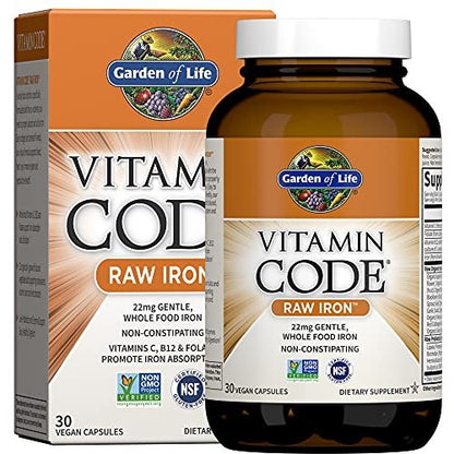 Garden of Life Vitamin Code Raw Eisen Nahrungsergänzungsmittel - 30 vegane Kapseln, 22 mg einmal täglich Eisen, Vitamine C, B12, Folsäure, Obst, Gemüse & Probiotika - Eisenpräparat für Frauen, Energie- & Anämieunterstützung