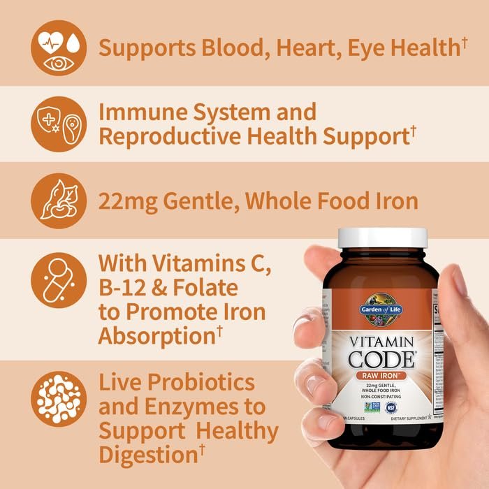Garden of Life Vitamin Code Raw Eisen Nahrungsergänzungsmittel - 30 vegane Kapseln, 22 mg einmal täglich Eisen, Vitamine C, B12, Folsäure, Obst, Gemüse & Probiotika - Eisenpräparat für Frauen, Energie- & Anämieunterstützung