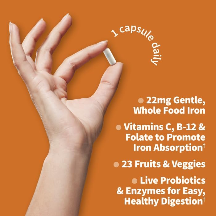 Garden of Life Vitamin Code Raw Eisen Nahrungsergänzungsmittel - 30 vegane Kapseln, 22 mg einmal täglich Eisen, Vitamine C, B12, Folsäure, Obst, Gemüse & Probiotika - Eisenpräparat für Frauen, Energie- & Anämieunterstützung