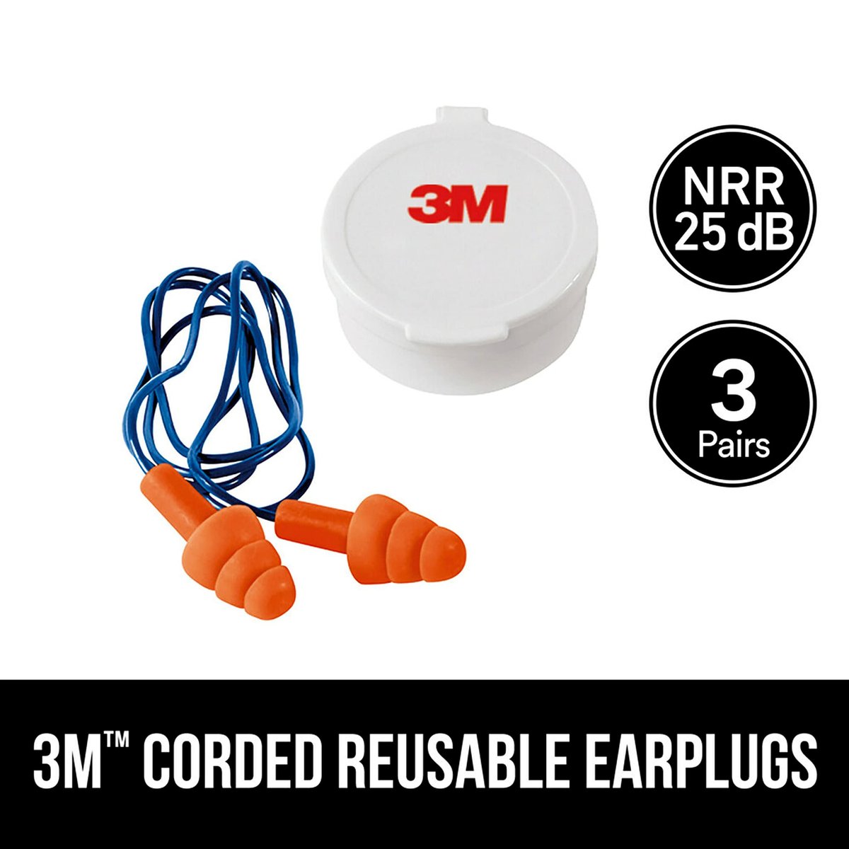 3M Wieder verwendbare Ohrstöpsel mit Kordel, 3 Paar, Geräuschdämmung (NRR) 25 dB, Einfach zu verwenden und einzusetzen, Flexibles Drei-Flansch-Design für mehr Komfort und Passform, Orange (90716H3-DC)