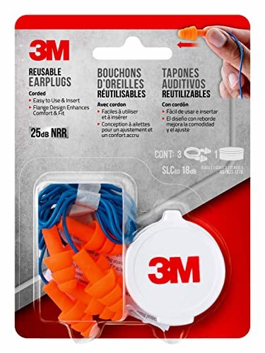 3M Wieder verwendbare Ohrstöpsel mit Kordel, 3 Paar, Geräuschdämmung (NRR) 25 dB, Einfach zu verwenden und einzusetzen, Flexibles Drei-Flansch-Design für mehr Komfort und Passform, Orange (90716H3-DC)