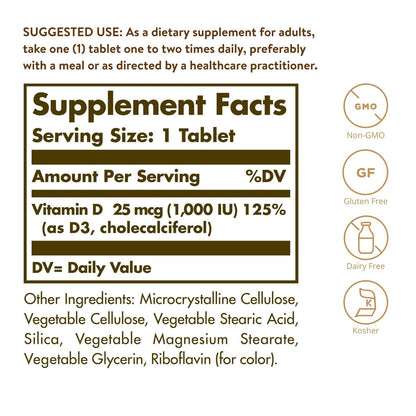 Solgar Vitamin D3 (Cholecalciferol) 25 mcg (1000 IE) – 180 Tabletten – Unterstützt gesunde Knochen & Zähne – Immunsystem-Unterstützung – Non-GVO, Glutenfrei, Laktosefrei, Koscher – 180 Portionen