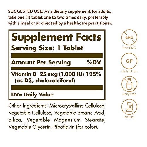 Solgar Vitamin D3 (Cholecalciferol) 25 mcg (1000 IE) – 180 Tabletten – Unterstützt gesunde Knochen & Zähne – Immunsystem-Unterstützung – Non-GVO, Glutenfrei, Laktosefrei, Koscher – 180 Portionen