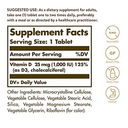 Solgar Vitamin D3 (Cholecalciferol) 25 mcg (1000 IE) – 180 Tabletten – Unterstützt gesunde Knochen & Zähne – Immunsystem-Unterstützung – Non-GVO, Glutenfrei, Laktosefrei, Koscher – 180 Portionen