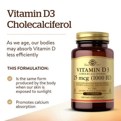Solgar Vitamin D3 (Cholecalciferol) 25 mcg (1000 IE) – 180 Tabletten – Unterstützt gesunde Knochen & Zähne – Immunsystem-Unterstützung – Non-GVO, Glutenfrei, Laktosefrei, Koscher – 180 Portionen