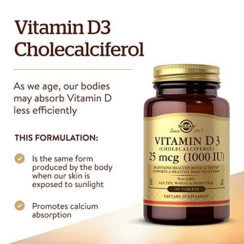 Solgar Vitamin D3 (Cholecalciferol) 25 mcg (1000 IE) – 180 Tabletten – Unterstützt gesunde Knochen & Zähne – Immunsystem-Unterstützung – Non-GVO, Glutenfrei, Laktosefrei, Koscher – 180 Portionen
