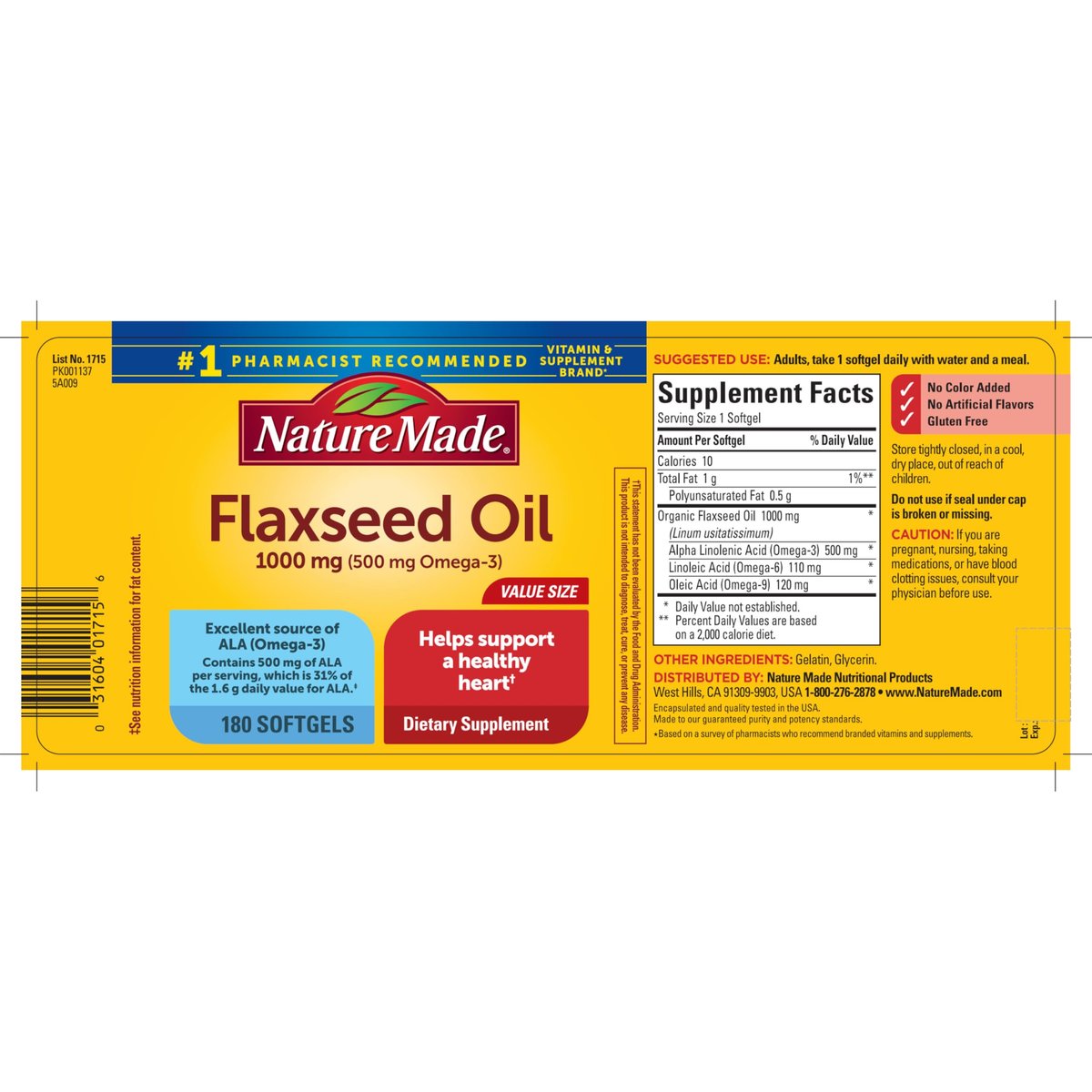 Nature Made Leinsamenöl 1000 mg – Fischfreies Omega-3-Präparat für die Herzgesundheit, 180 Softgels, 180-Tage-Vorrat