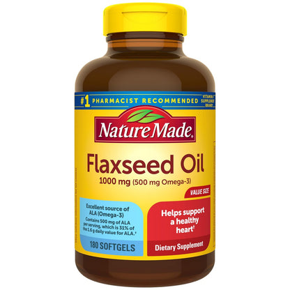 Nature Made Leinsamenöl 1000 mg – Fischfreies Omega-3-Präparat für die Herzgesundheit, 180 Softgels, 180-Tage-Vorrat