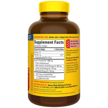 Nature Made Leinsamenöl 1000 mg – Fischfreies Omega-3-Präparat für die Herzgesundheit, 180 Softgels, 180-Tage-Vorrat