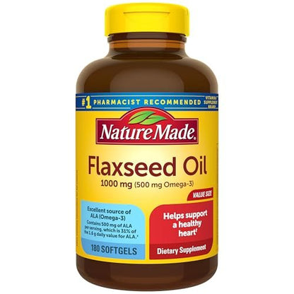 Nature Made Leinsamenöl 1000 mg – Fischfreies Omega-3-Präparat für die Herzgesundheit, 180 Softgels, 180-Tage-Vorrat