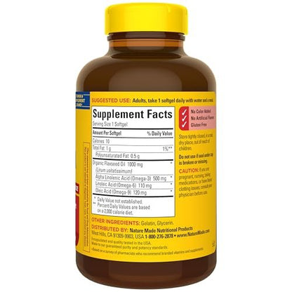 Nature Made Leinsamenöl 1000 mg – Fischfreies Omega-3-Präparat für die Herzgesundheit, 180 Softgels, 180-Tage-Vorrat