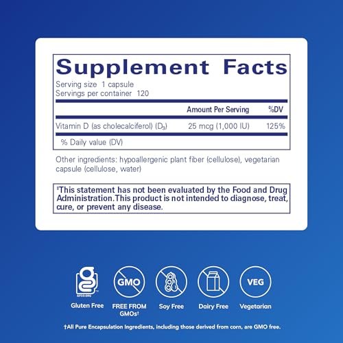 Pure Encapsulations Vitamin D3 25 mcg (1.000 IE) – Hochwertiges Vitamin D für Knochen, Gelenke, Brust, Herz, Darm und Immunsystem* – 120 Kapseln