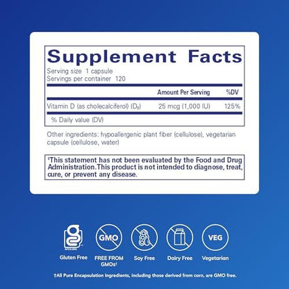 Pure Encapsulations Vitamin D3 25 mcg (1.000 IE) – Hochwertiges Vitamin D für Knochen, Gelenke, Brust, Herz, Darm und Immunsystem* – 120 Kapseln