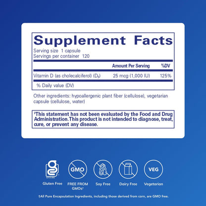 Pure Encapsulations Vitamin D3 25 mcg (1.000 IE) – Hochwertiges Vitamin D für Knochen, Gelenke, Brust, Herz, Darm und Immunsystem* – 120 Kapseln