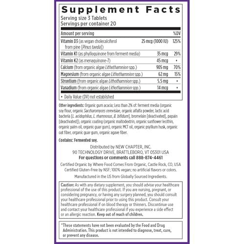 New Chapter Calcium Supplement – Knochenstärke auf pflanzlicher Basis, USDA Bio, mit Magnesium, Vitamin D3+K2, für Knochengesundheit & Gelenkbeweglichkeit, Herzunterstützung, 905 mg Dosis – 60 schlanke Tabletten