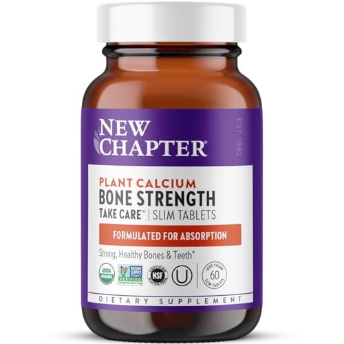 New Chapter Calcium Supplement – Knochenstärke auf pflanzlicher Basis, USDA Bio, mit Magnesium, Vitamin D3+K2, für Knochengesundheit & Gelenkbeweglichkeit, Herzunterstützung, 905 mg Dosis – 60 schlanke Tabletten