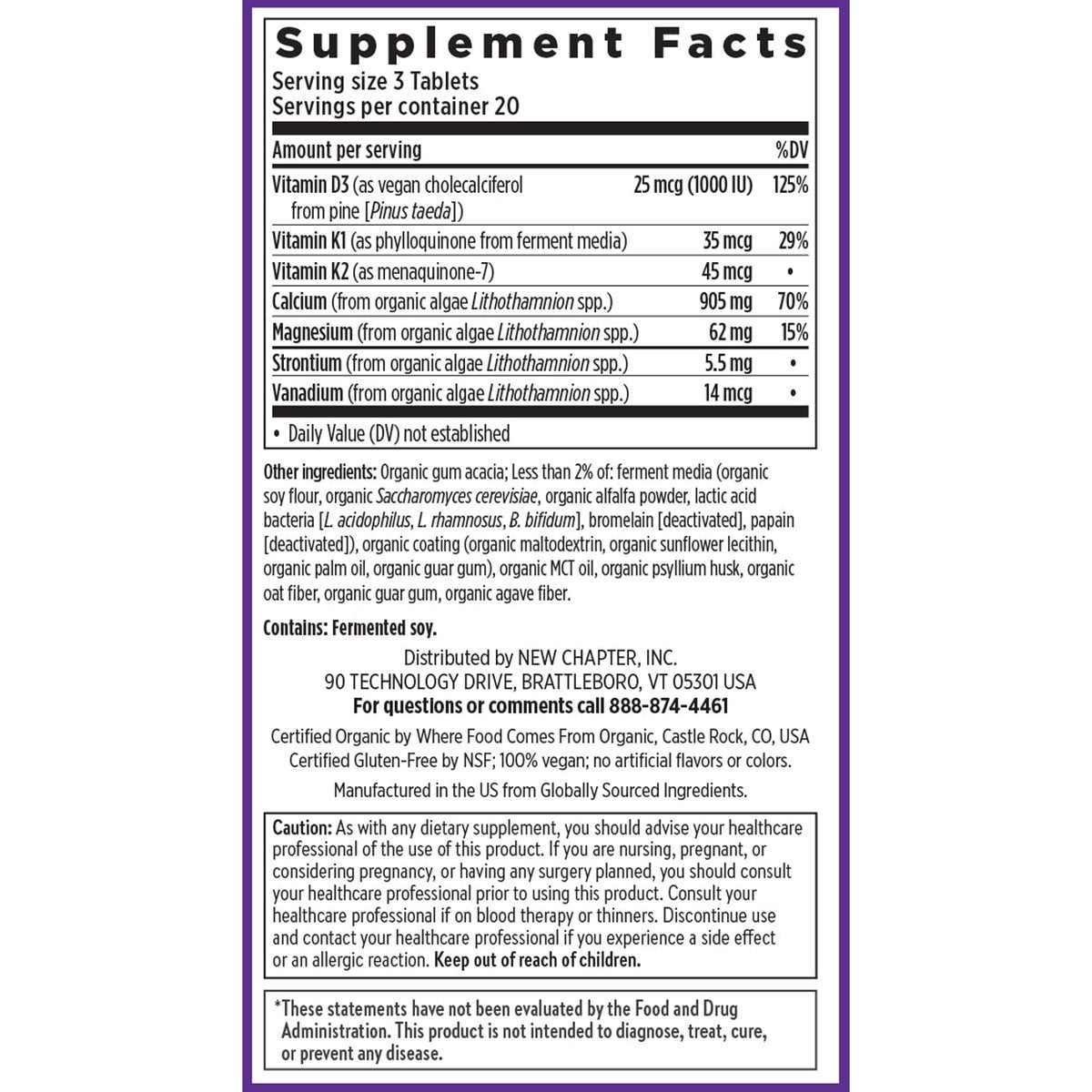 New Chapter Calcium Supplement – Knochenstärke auf pflanzlicher Basis, USDA Bio, mit Magnesium, Vitamin D3+K2, für Knochengesundheit & Gelenkbeweglichkeit, Herzunterstützung, 905 mg Dosis – 60 schlanke Tabletten